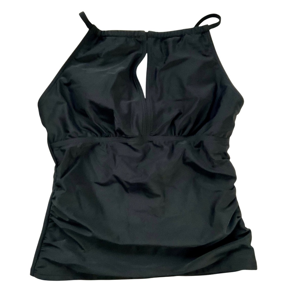 Black High Neck Keyhole Tankini Top Ruched Sides Adjustable Straps Size 17-18Y